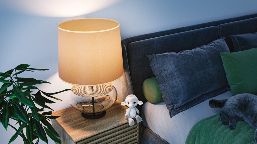 3D Interior Visualization of Bedroom with Lamp and Plush Toy