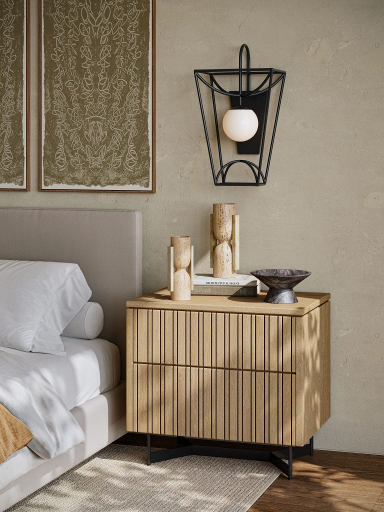 CGI of a Nightstand, Wall Sconce, and Stone Decor in a Bedroom