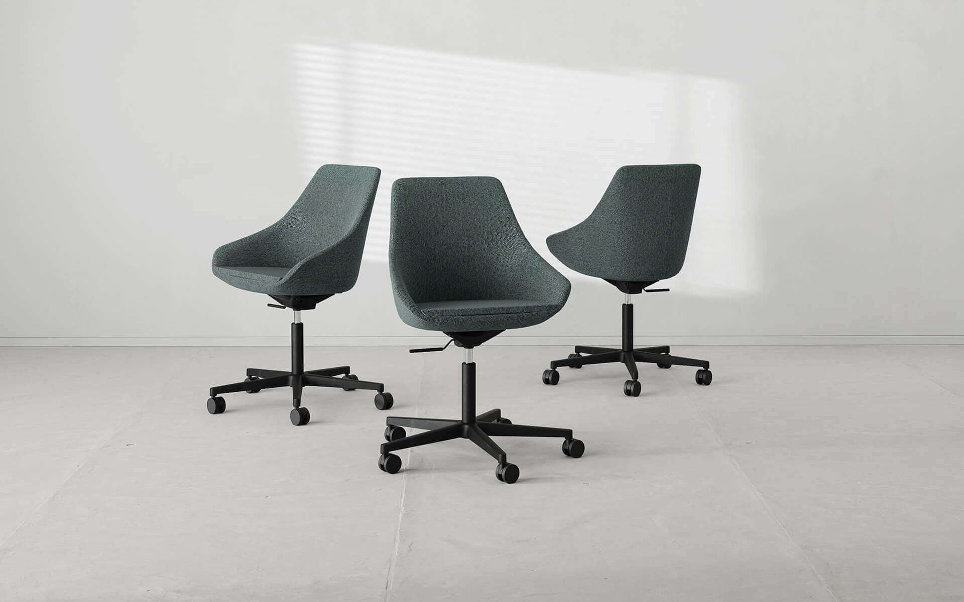 3D render of office furniture with three modern swivel chairs on casters in a minimalist setting