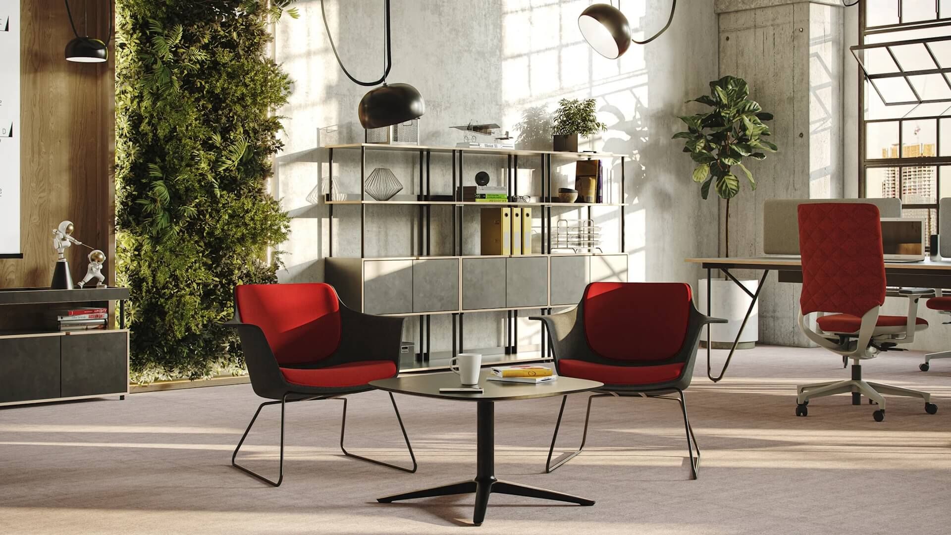 3D render of office furniture in a creative workspace with red chairs and shelving