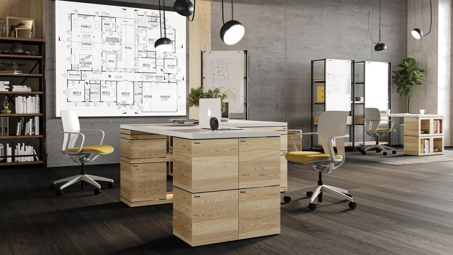3D render of office furniture in a design studio with wooden desks and yellow chairs