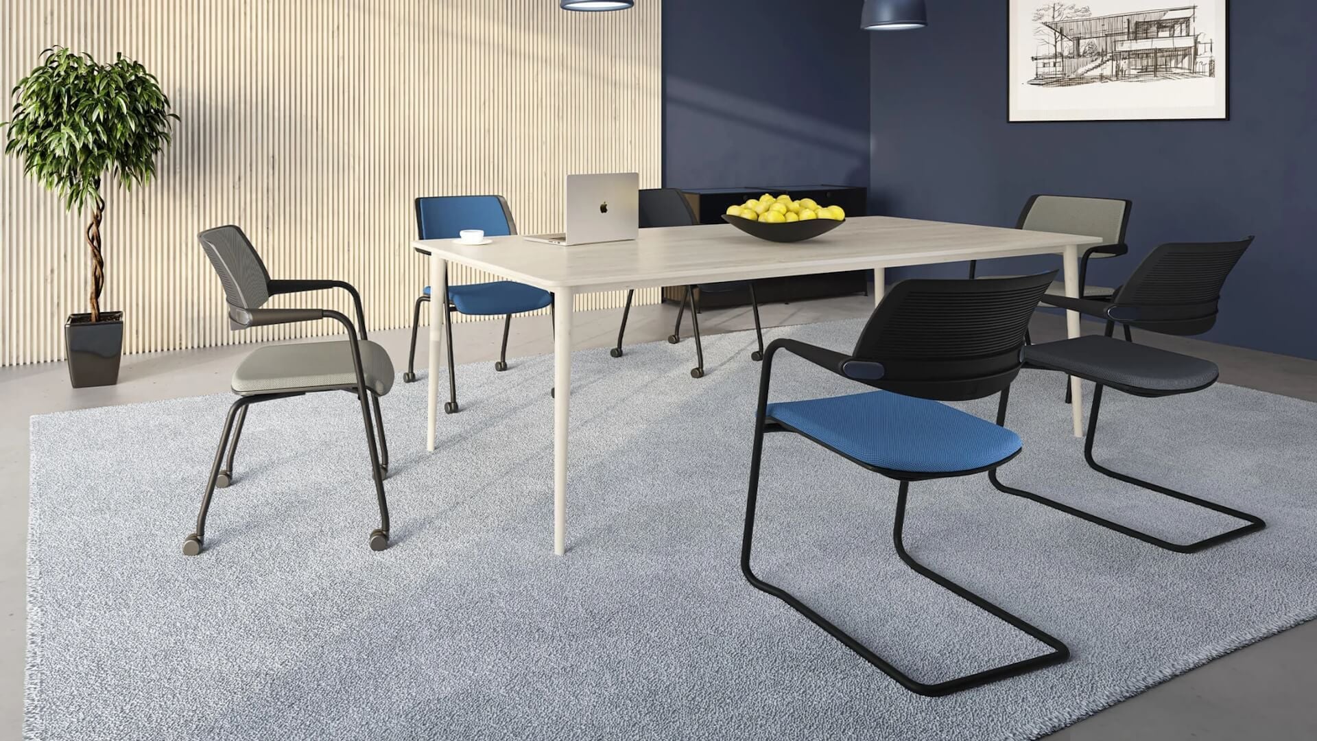 Meeting room 3D rendering featuring blue chairs and a white table