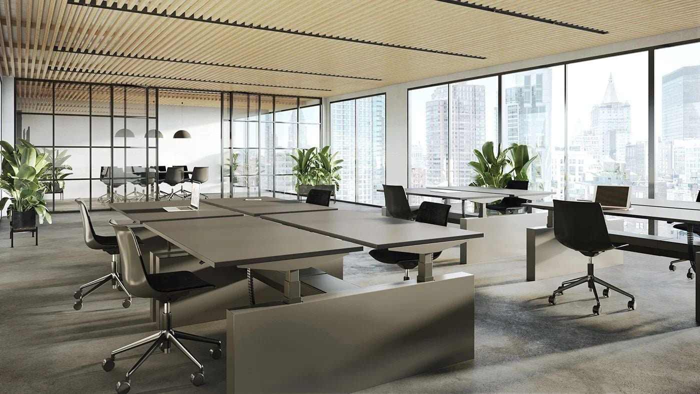 3D visualization of a modern open office with large windows, shared desks, and black chairs