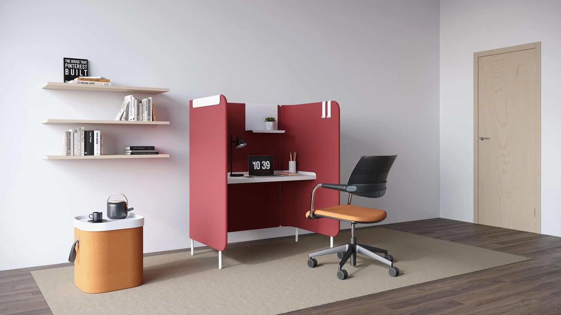 3D rendering of for a compact home office red workstation, chair, and side table