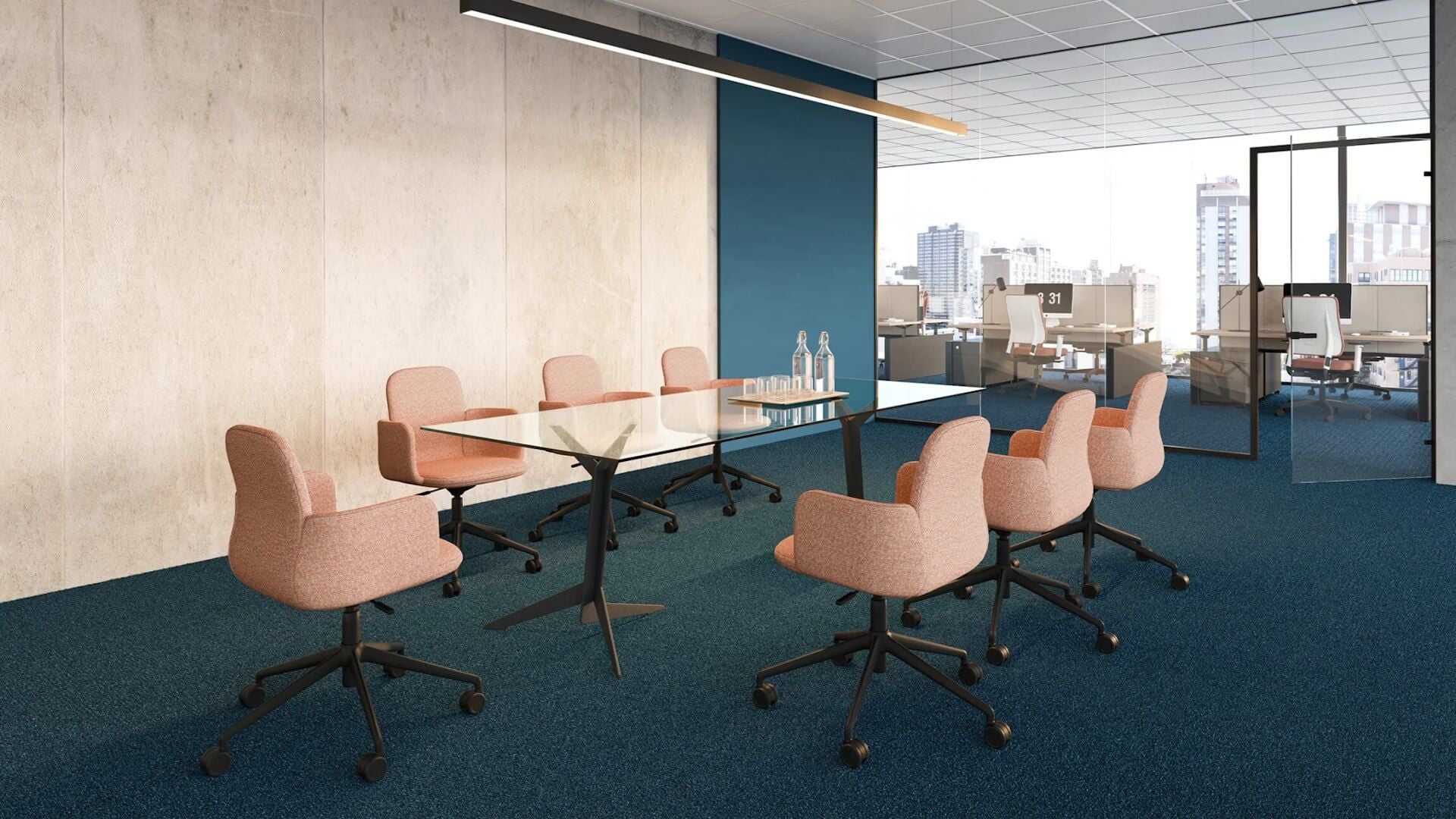 3D rendering of office furniture in a conference room with pink chairs and glass table