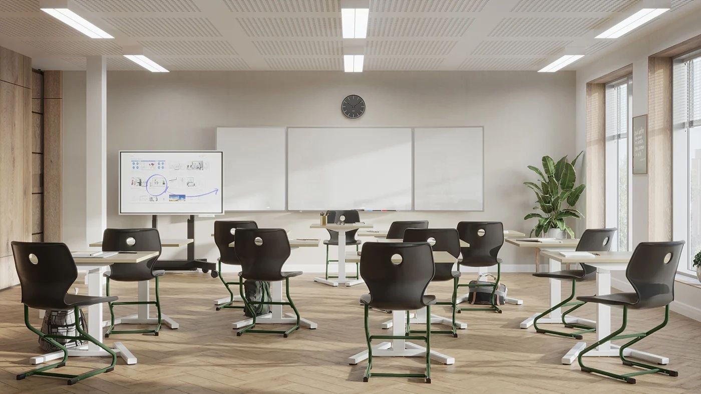 3D visualization of a classroom-style office space with desks, chairs, and a digital board