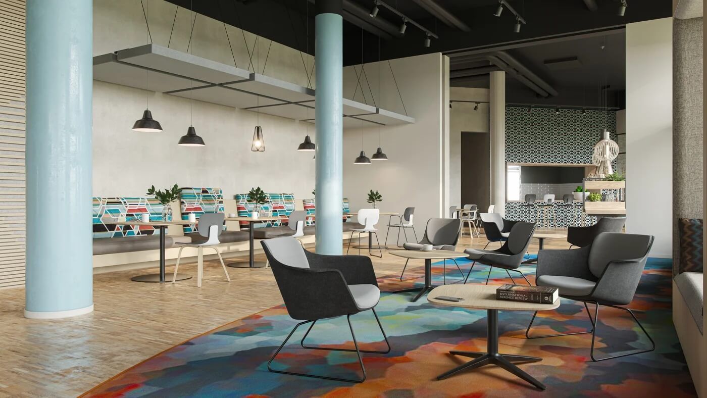 3D visualization of office furniture in a colorful open lounge with chairs, tables, and booth seating
