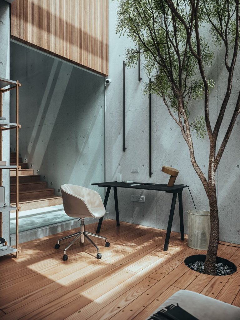 3D Interior Visualization of Modern Workspace with Realistic Furniture Rendering