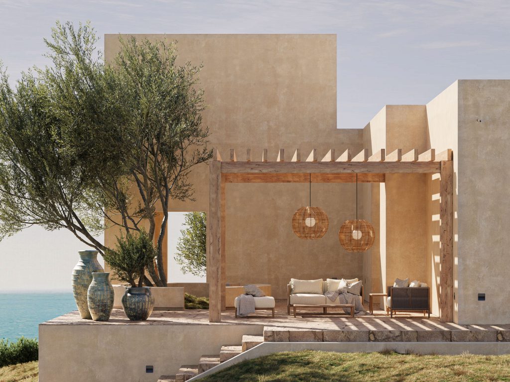 3D Rendering of Outdoor Pendant Light on a Mediterranean Patio