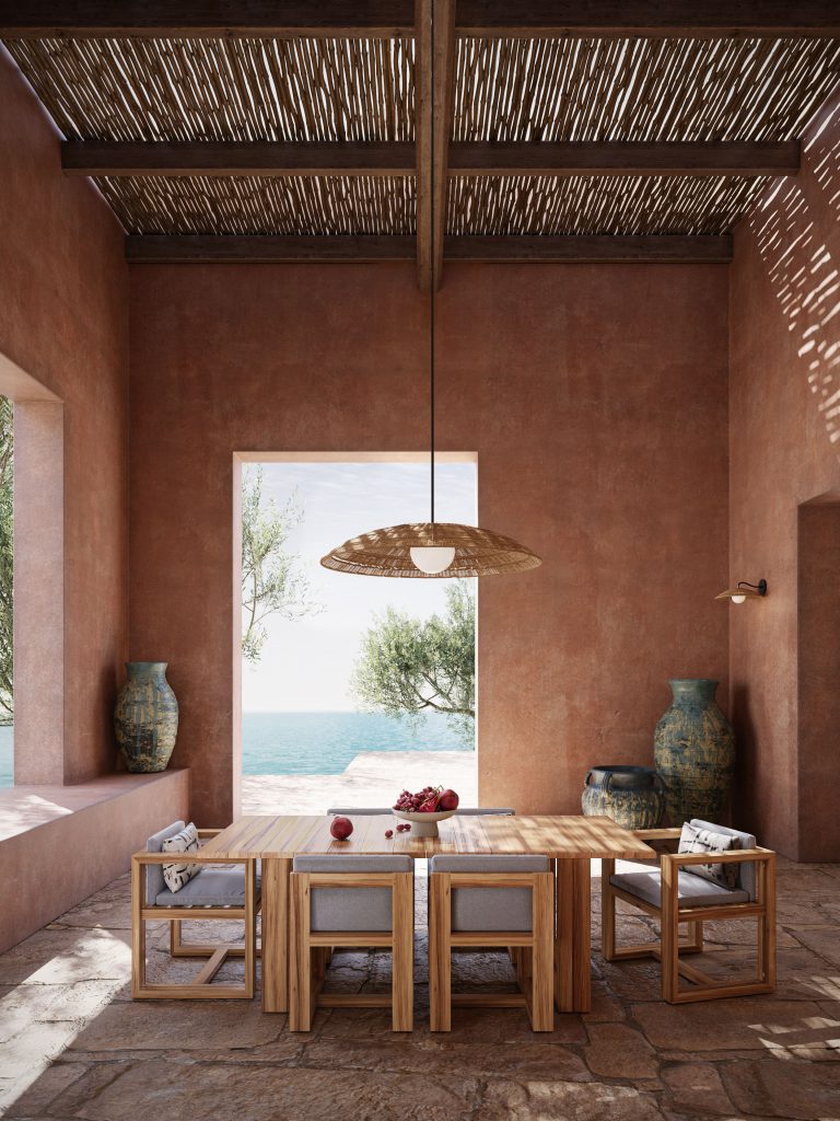 3D Rendering of Outdoor Pendant Light in a Terracotta Dining Space