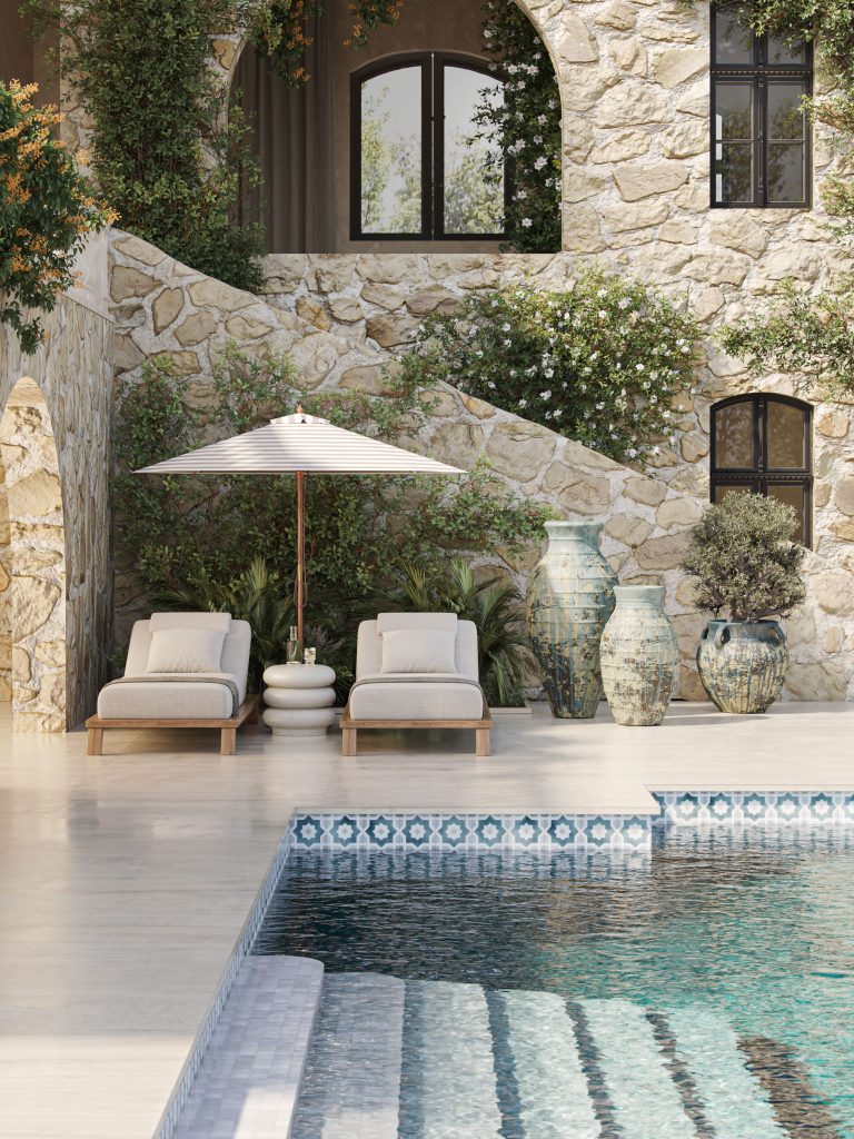CGI of Outdoor Planters and Vases on a Mediterranean Poolside