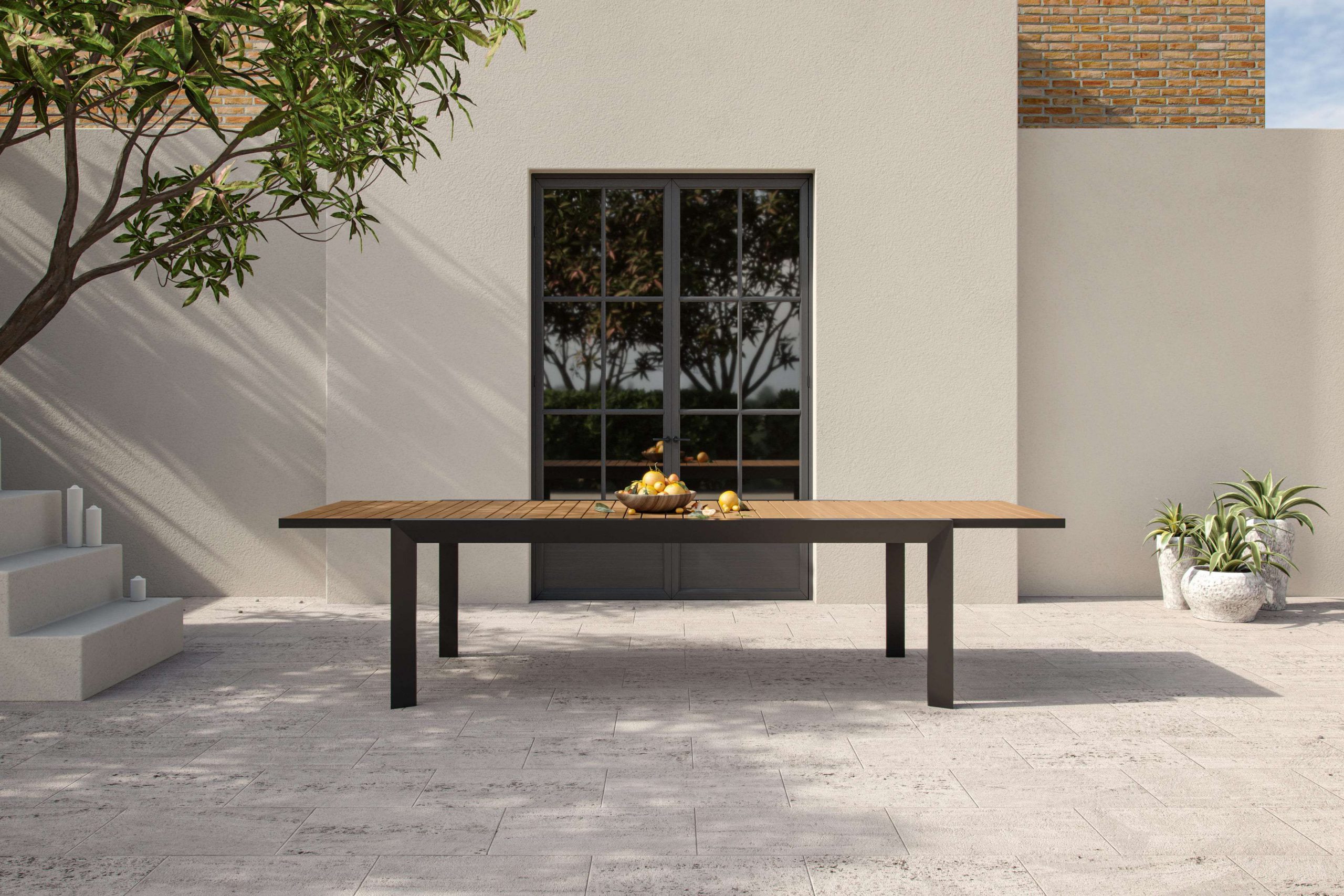 3D Rendering of Wooden Table on Terrace