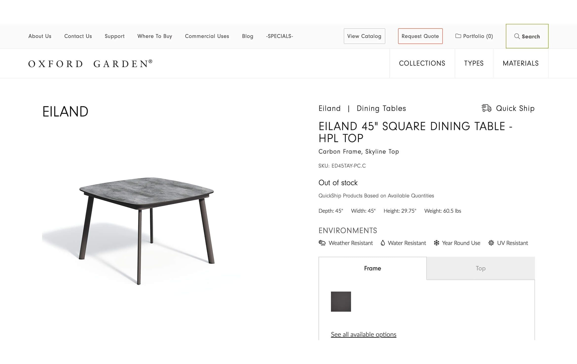 3D model and rendering of Eiland 45 inch square dining table with HPL top, showcasing realistic furniture visualization and design.