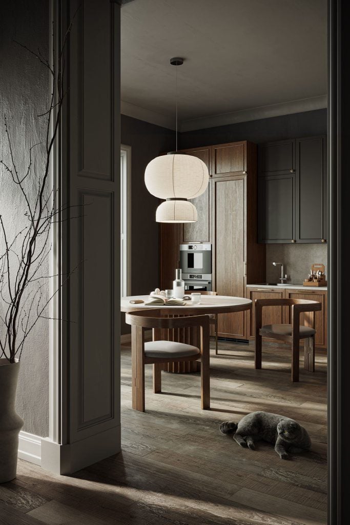 3D Interior Visualization of stylish Kitchen with Realistic Furniture Rendering