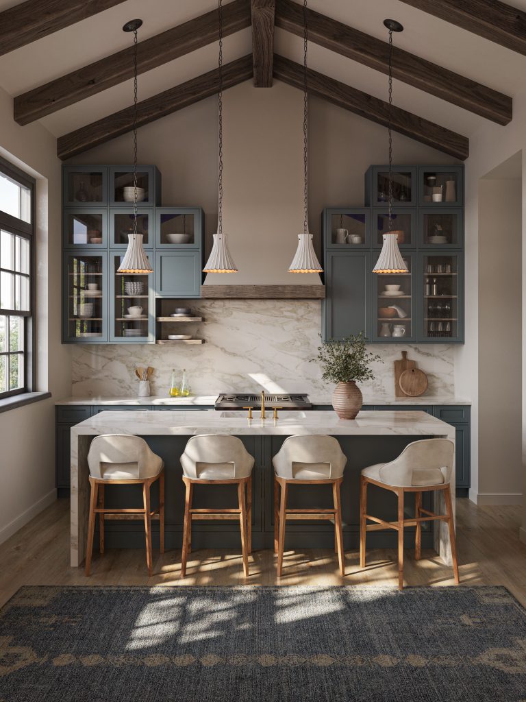 3D Rendering of Pendant Lights in a Farmhouse Kitchen