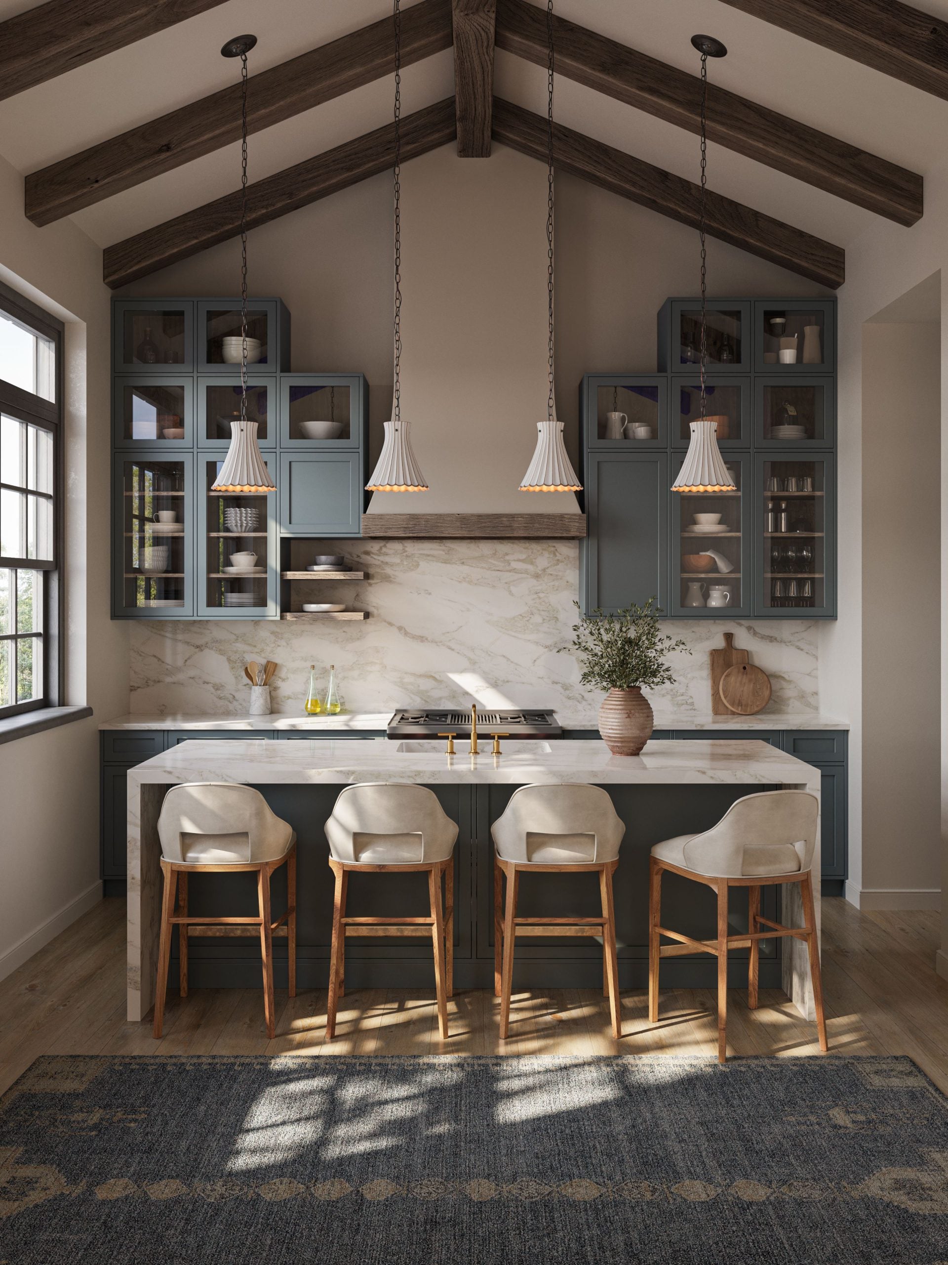 3D rendering of pleated white pendant lights on chains in a farmhouse kitchen with vaulted beamed ceiling, marble island, upholstered bar stools, and blue-grey cabinetry
