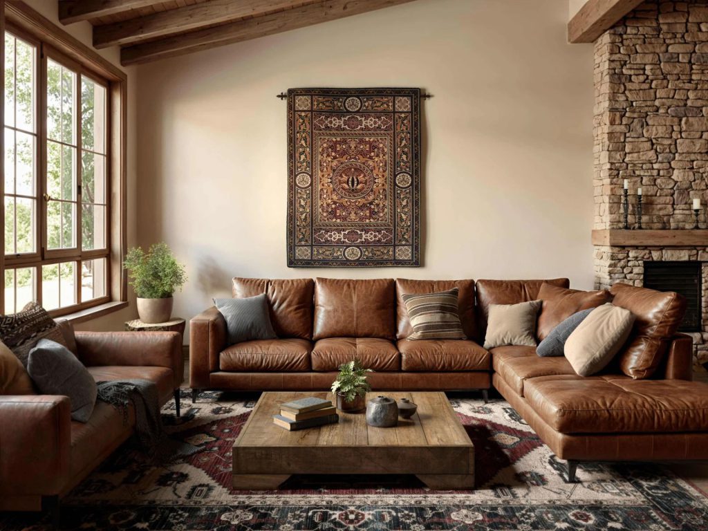 Brown leather sectional and rustic coffee table staged with a wall tapestry in a 3D furniture visualization