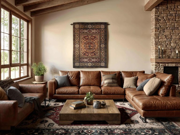 Brown leather sectional and rustic coffee table staged with a wall tapestry in a 3D furniture visualization
