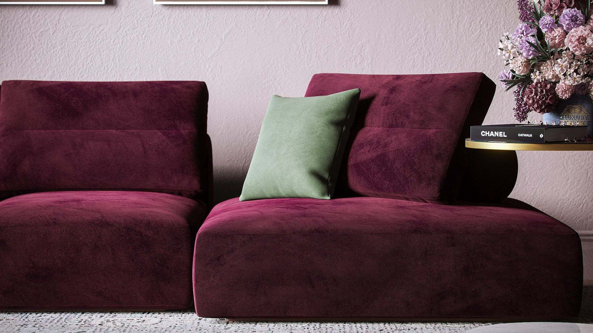 Close-Up Photoreal CGI of a Velvet Sofa for Ecommerce