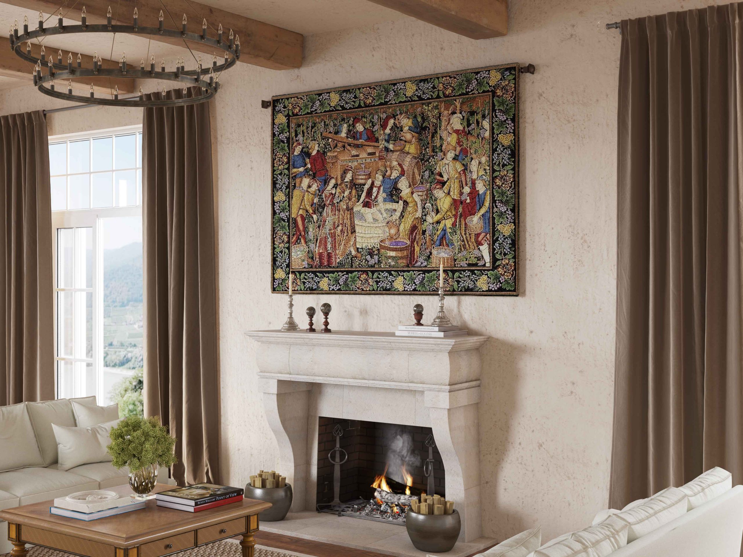 CGI of a Tapestry Above the Fireplace
