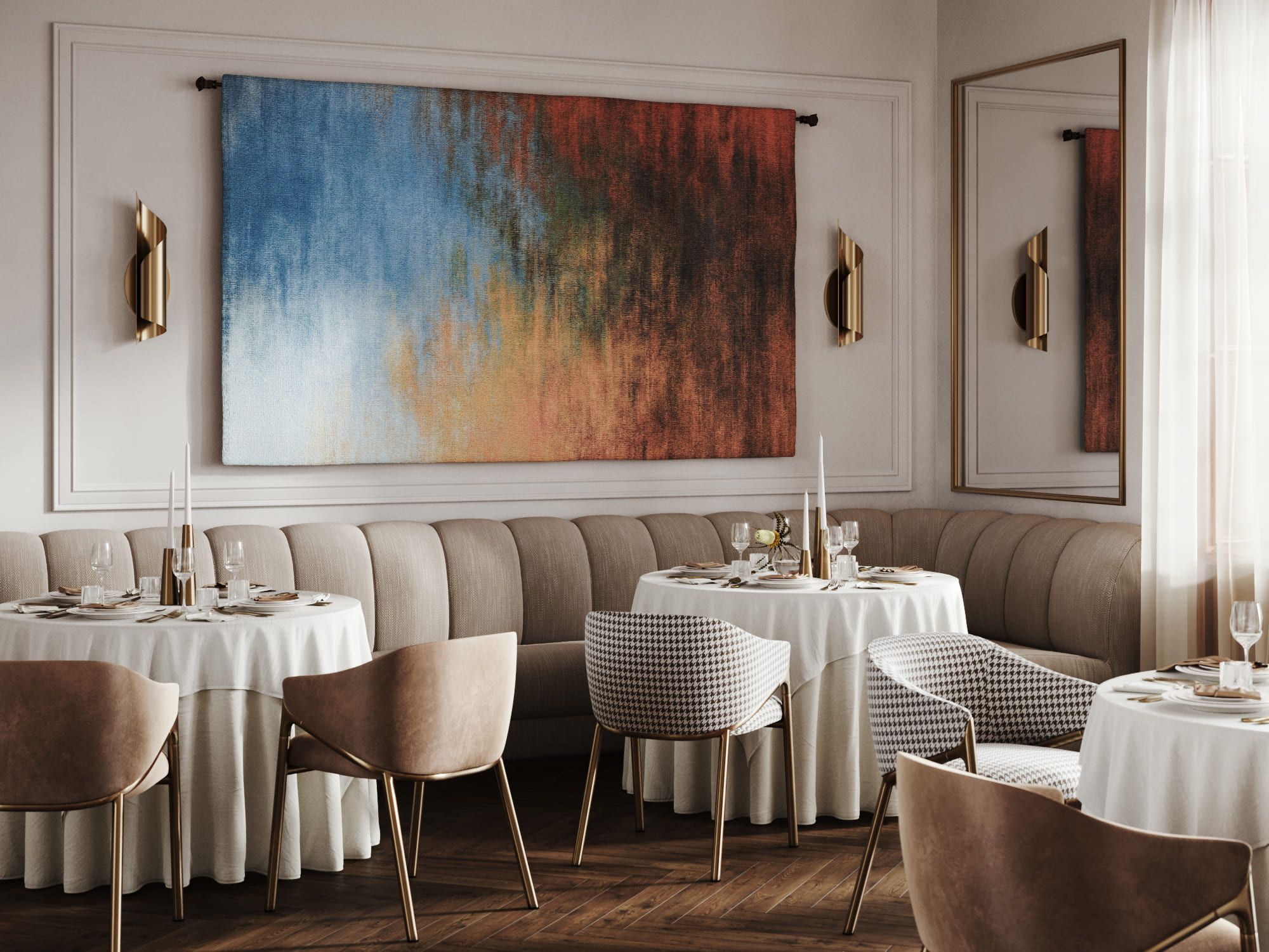 CGI of a Colorful Tapestry in a Restaurant