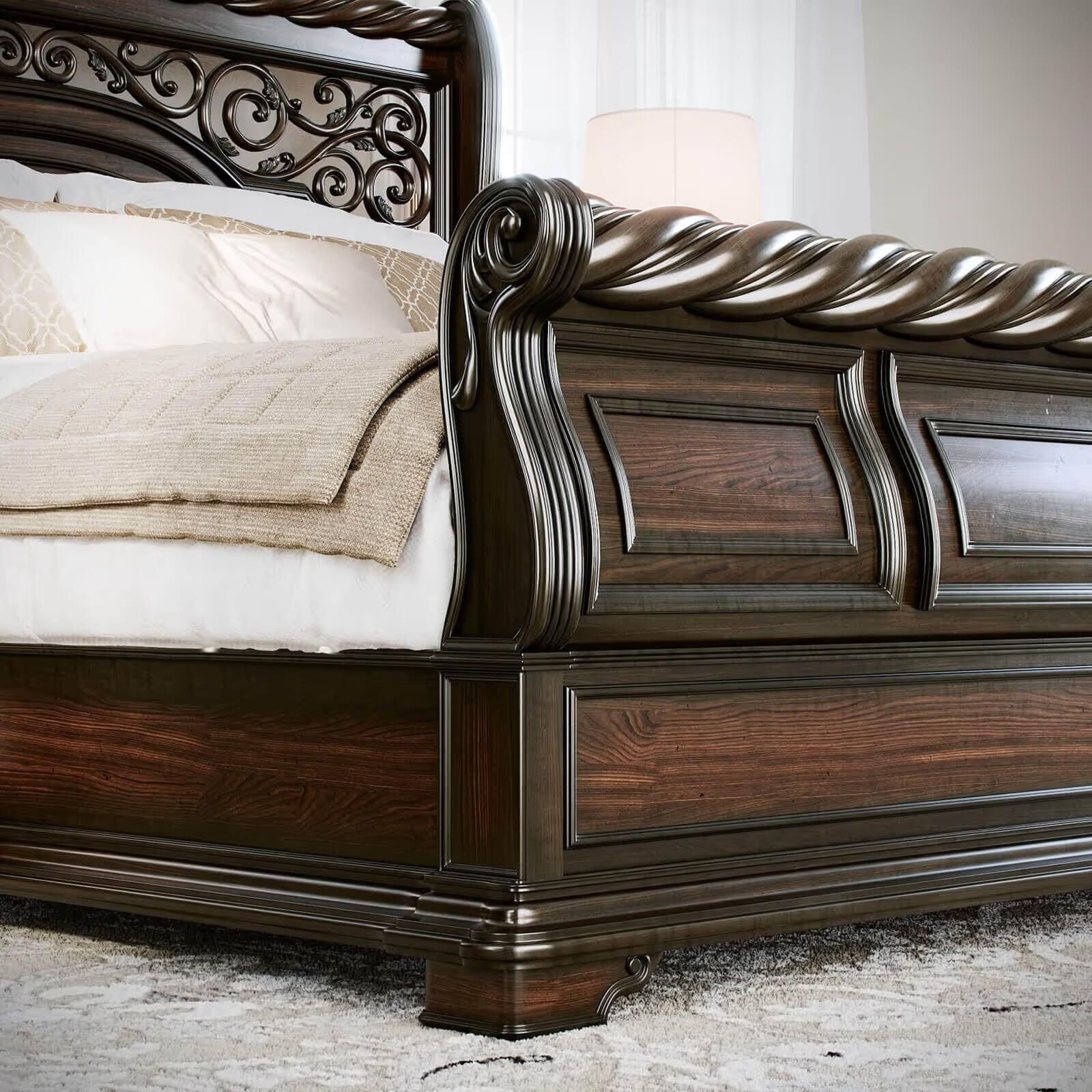 Lifestyle 3D render showing a low-angle view of a bedroom scene focused on a wooden bed frame and bedding