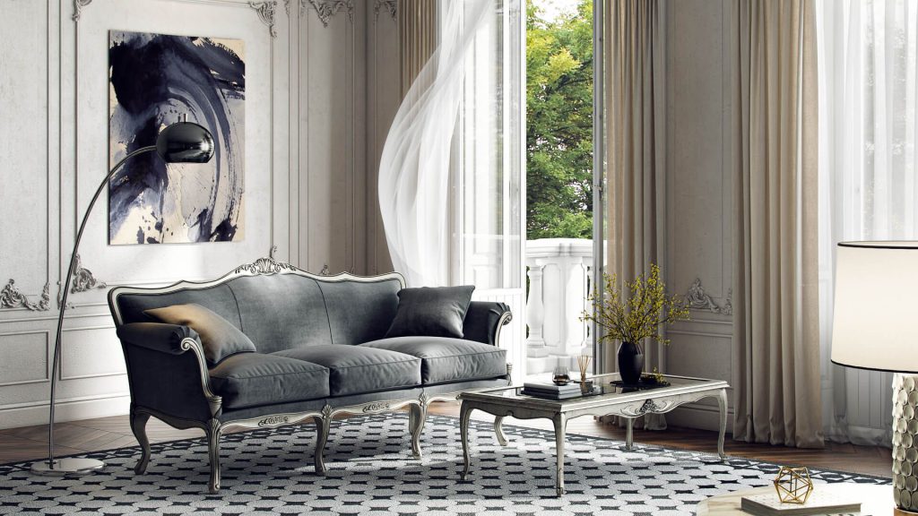 Photorealistic rendering services — sofa lifestyle marketing visual