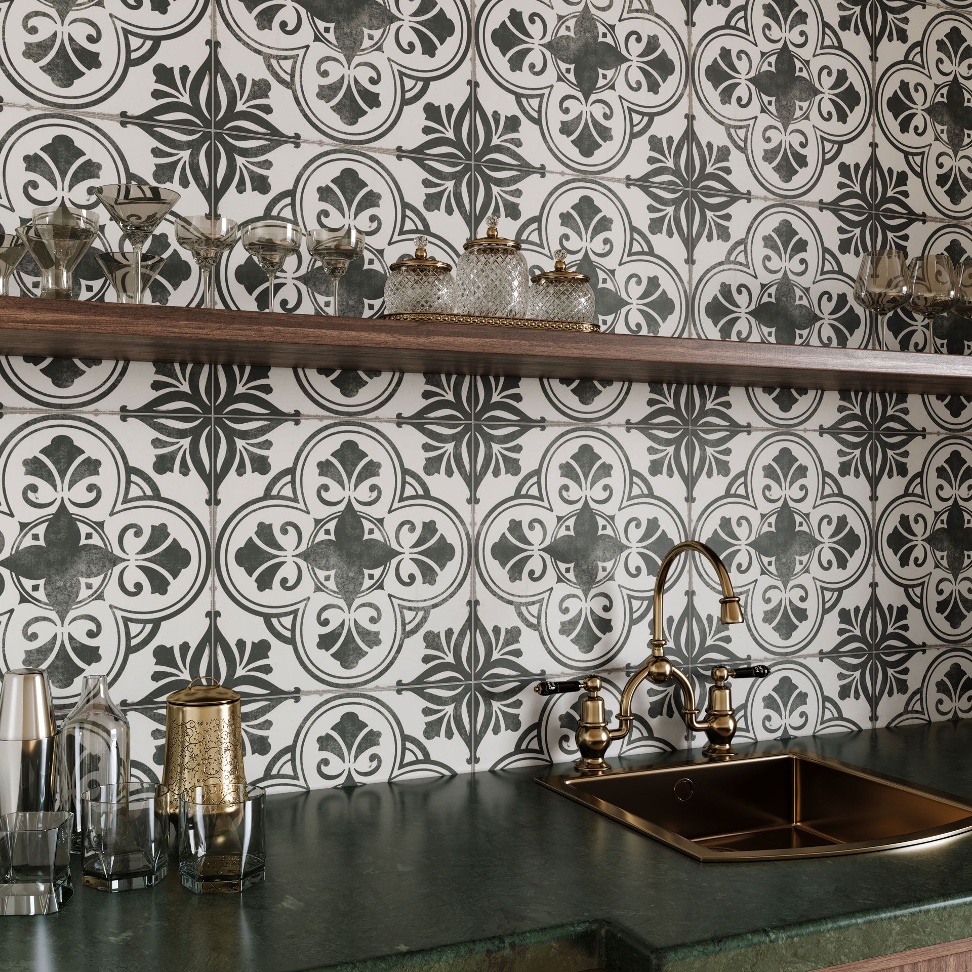 Photorealistic 3D rendering of patterned wall tile with brass fixtures in a stylish bar close-up