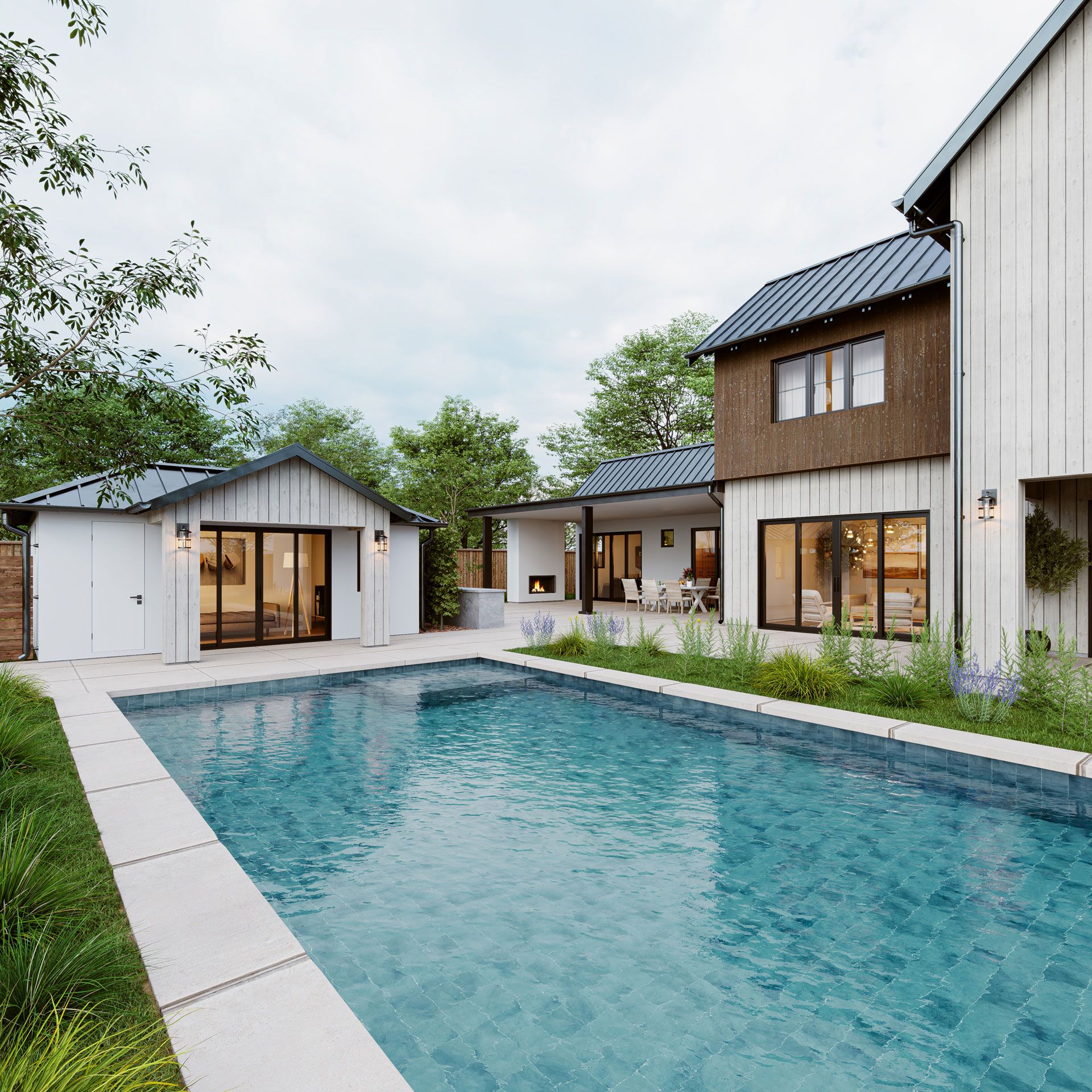 Product rendering showing a contemporary backyard with detailed blue tilework in the swimming pool