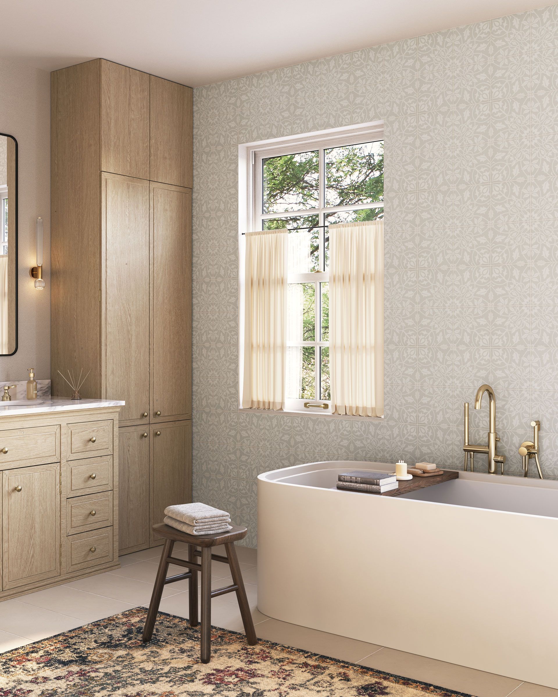 3D Rendering of patterned wall tile in a beige bathroom with natural light and wood cabinetry