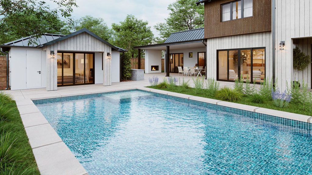 Photorealistic tile visualization in poolside lifestyle scene — 3D CGI render for product marketing