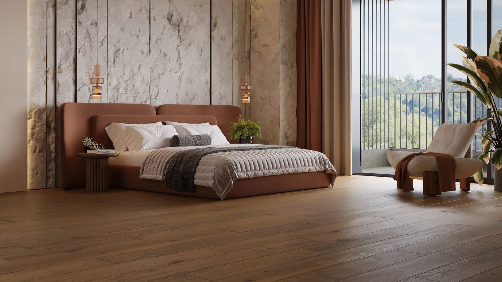 3D Rendering of Plank Flooring in a Luxury Bedroom