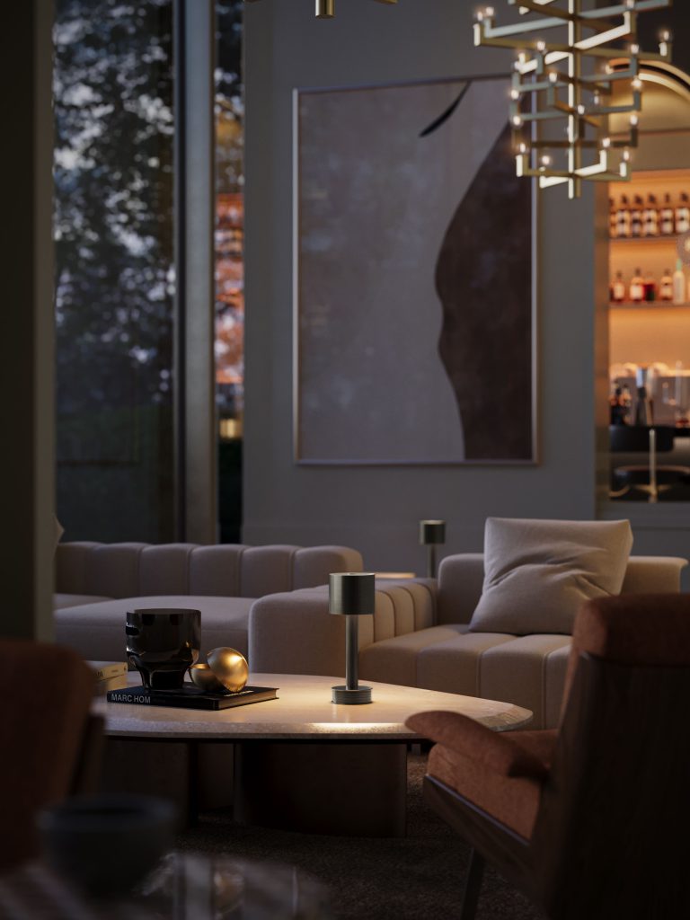 3D Rendering of a Portable Table Lamp in a Hotel Lobby