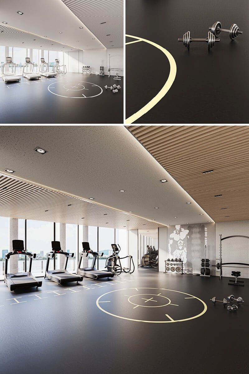 3D rendering of a modern gym interior showcasing equipment and design, highlighting 3D furniture modeling and visualization.