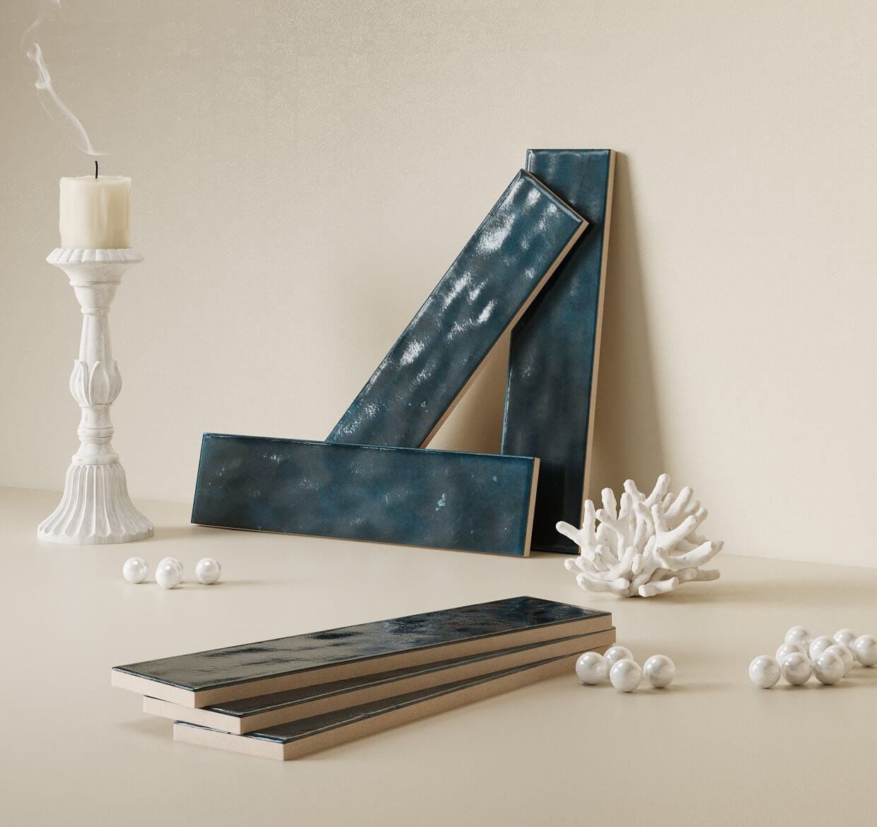 3D visualization for tiles in creative flatlay with glossy ceramic samples, pearls, and white coral
