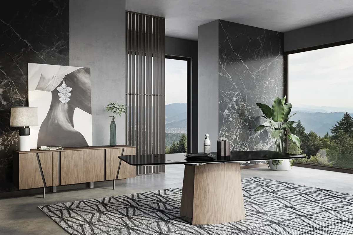 3D rendering of a dining room with a black glass dining table, a wooden sideboard, and abstract art