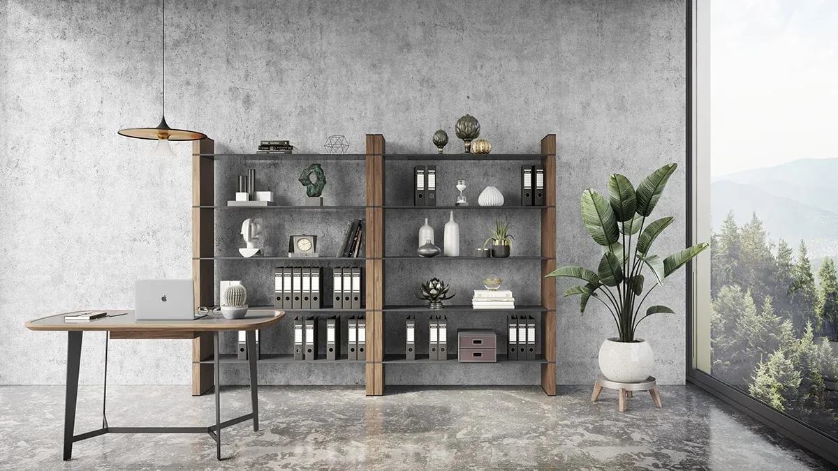 3D Render for office space with large open bookshelf, wooden desk, pendant lamp, and potted plant by tall windows
