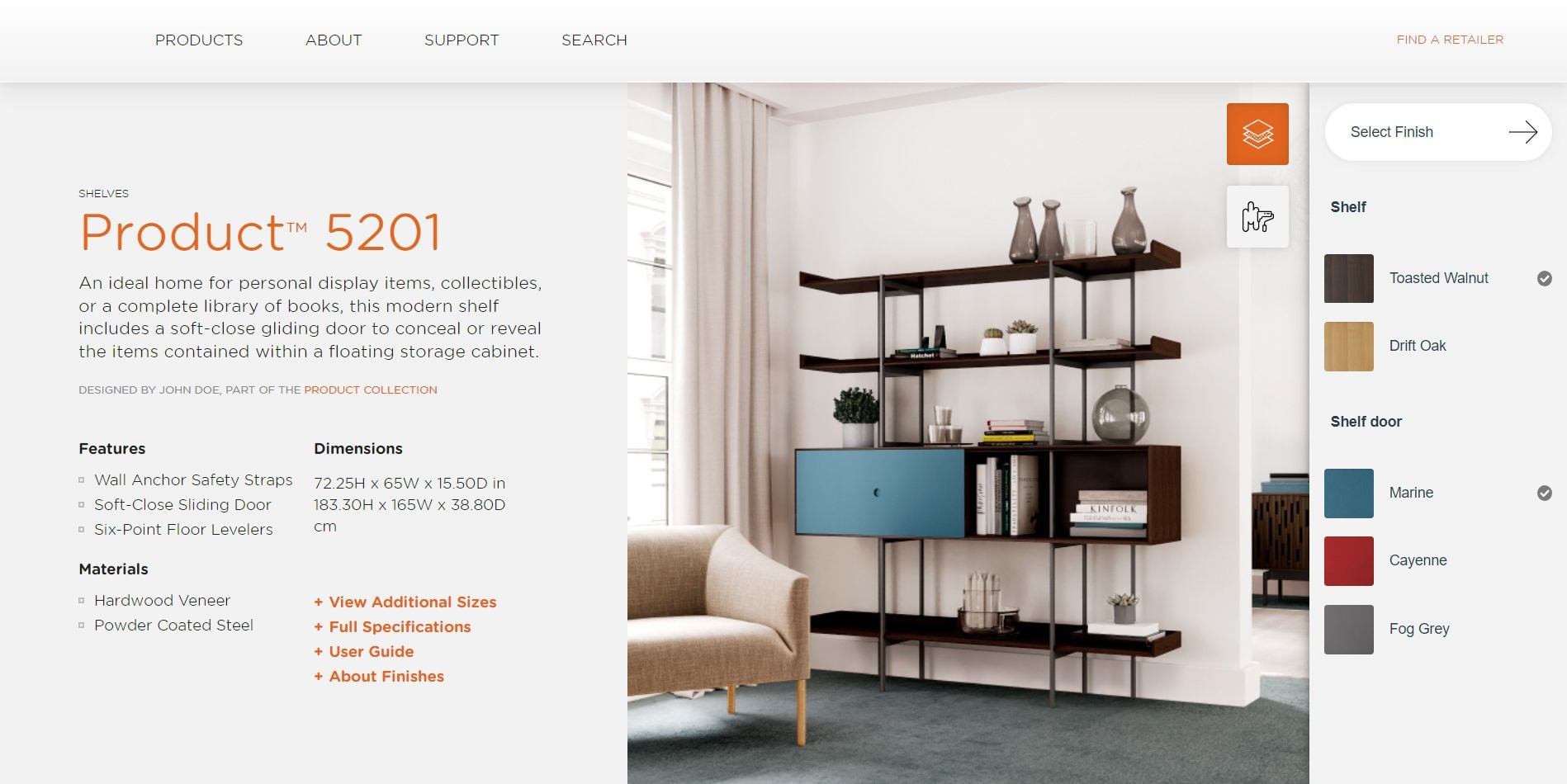 3D product customizer showing shelf design option 1 — color and material variation