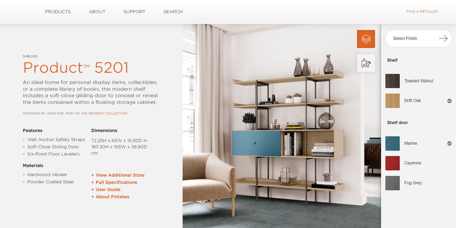 3D product customizer showing shelf design option 2 — color and material variation
