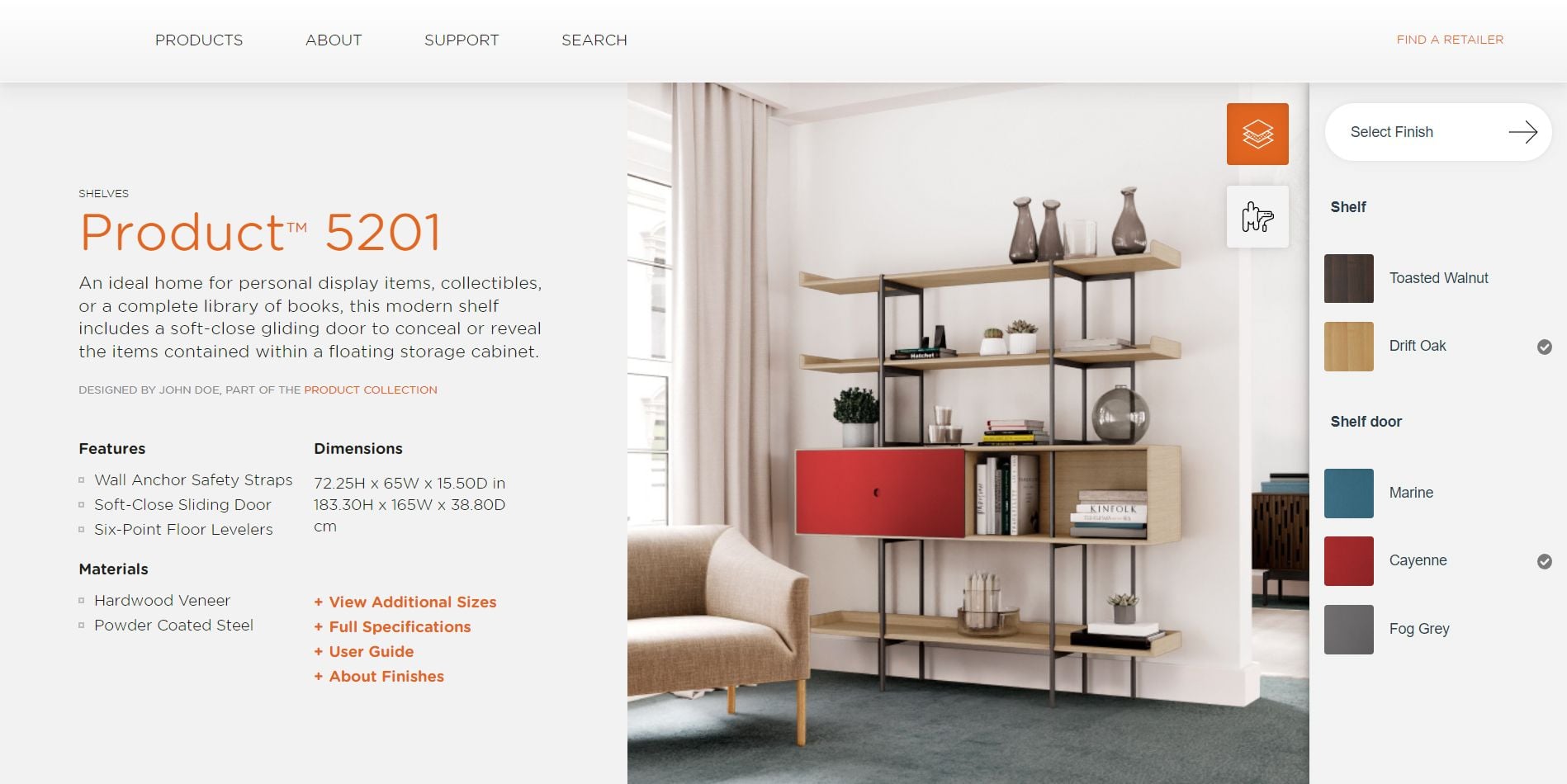 3D product customizer showing shelf design option 3 — color and material variation