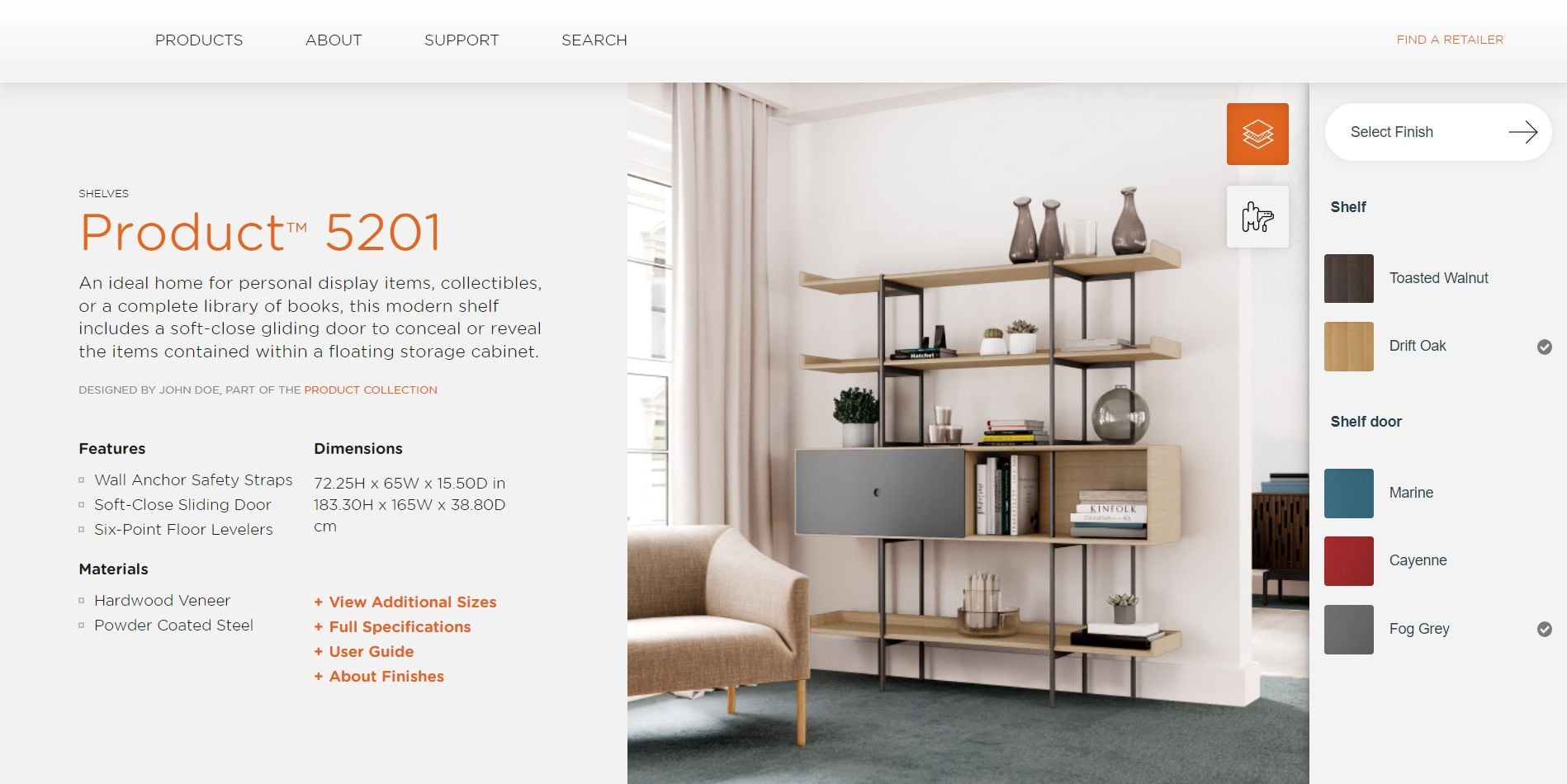 3D product customizer showing shelf design option 4 — color and material variation