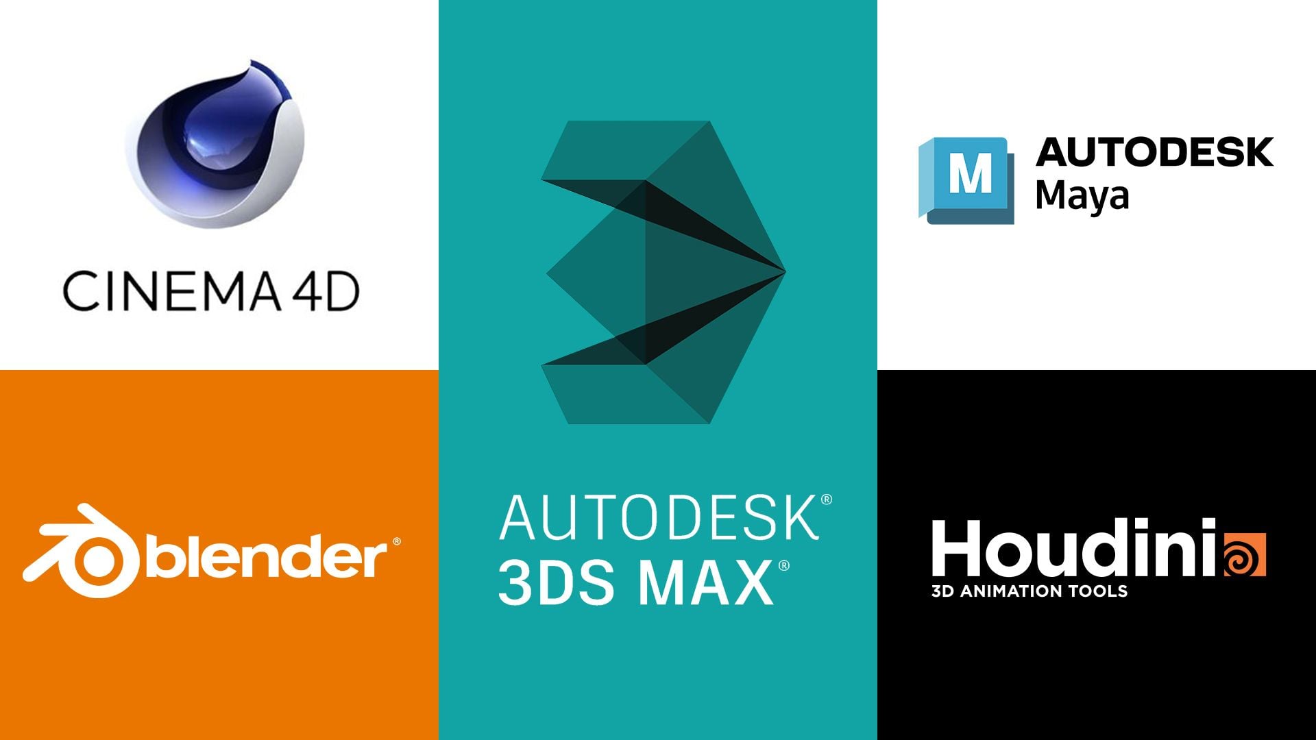 Logos of Cinema 4D, Blender, Autodesk 3ds Max, Maya, and Houdini representing product animaiton software