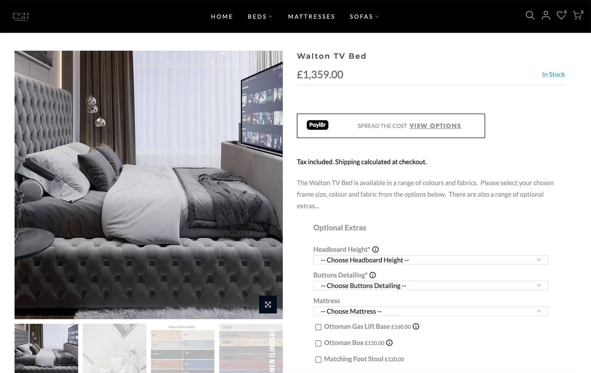 Product Detail Page of a Bed