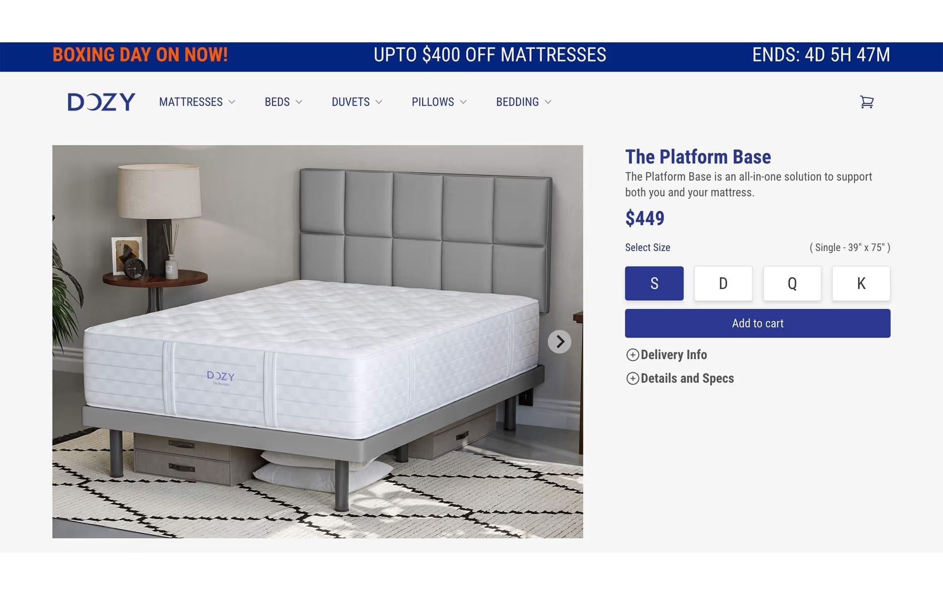 Product Detail Page of a Mattress