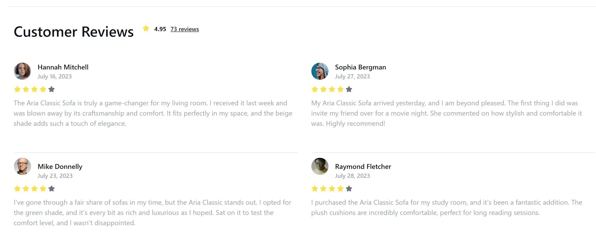 Customer reviews example for a good product detail page