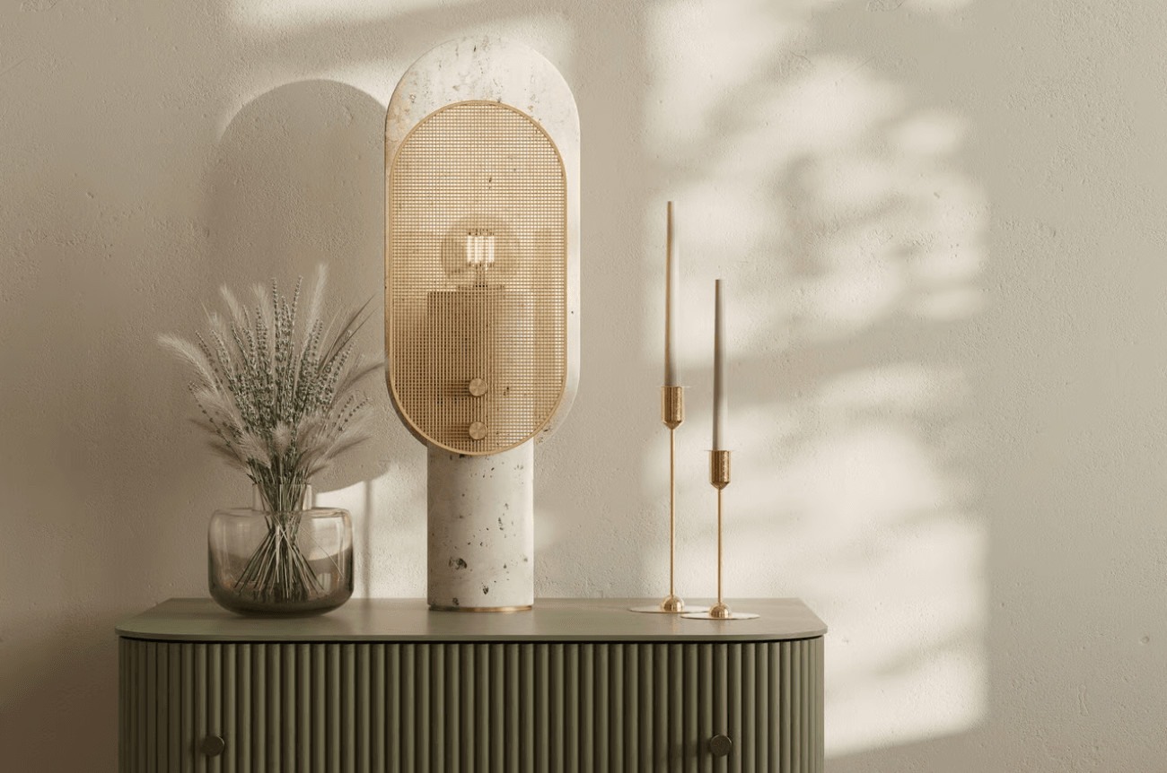 Modern table lamp placed in a minimalist room with soft natural light