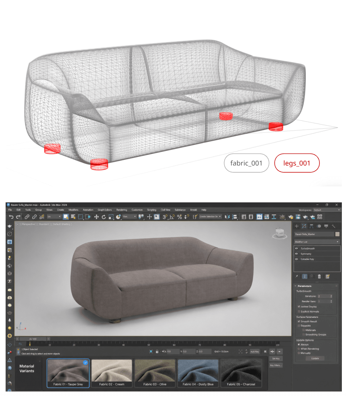 3D product digital twin of a sofa showing mesh structure, rendered model, and interchangeable material variants for ecommerce visualization