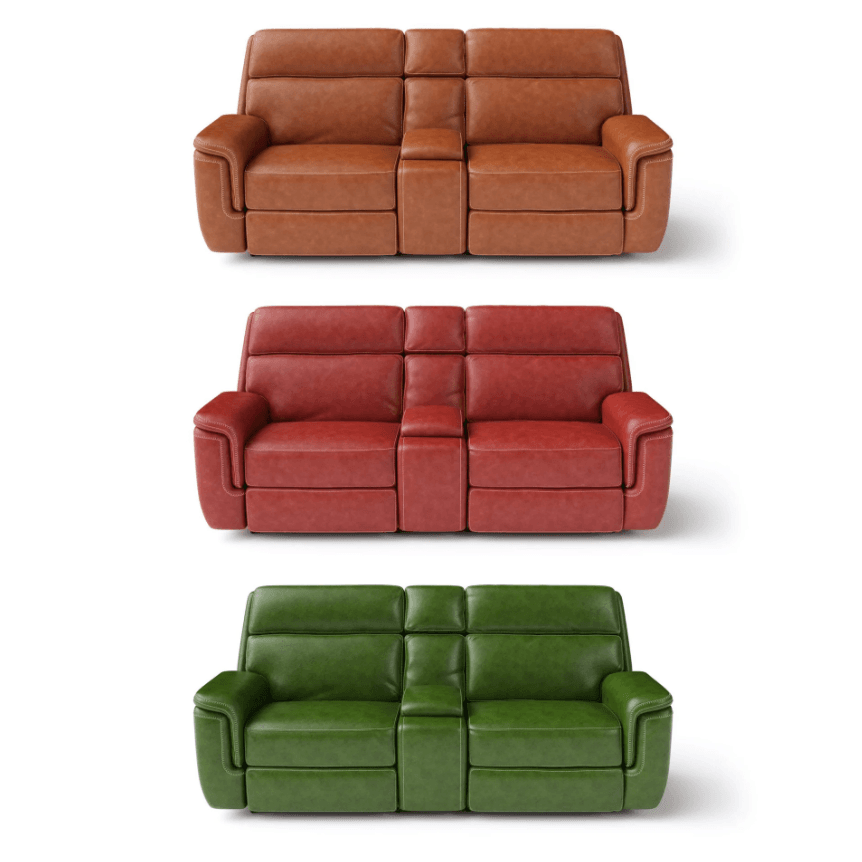 Silo leather sofa shown in three different leather colors arranged side by side for comparison