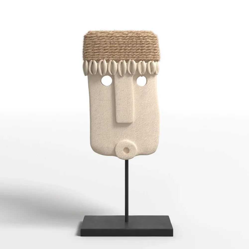 Product image for a catalog showing a tribal-style decorative mask on a black stand