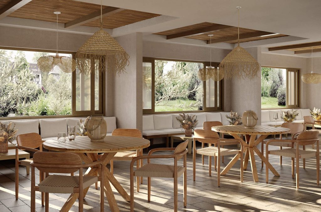 3D Interior Visualization of trendy Dining Area with Wooden fittings